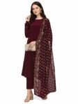 FIORRA Women's Maroon Poly Crepe A-line Kurta with Pant and Dupatta